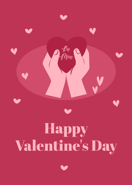 Happy Valentine's Day with Hands Holding Heart on Pink Postcard 5x7in Vertical Design Template