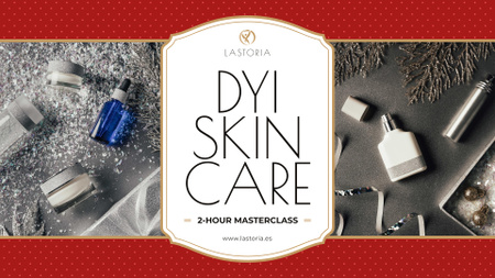 Skincare Masterclass Announcement with Cosmetic Bottles FB event cover Design Template