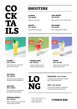 Designvorlage Bar Cocktails in Gläsern für Menu
