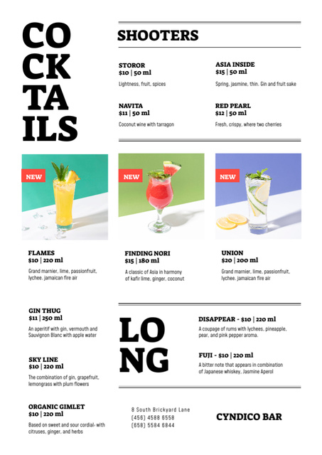 Designvorlage Bar Cocktails in glasses für Menu