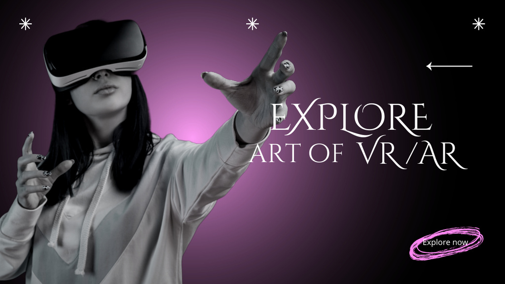Woman in Virtual Reality Glasses showing Gesture Youtube Thumbnail Modelo de Design
