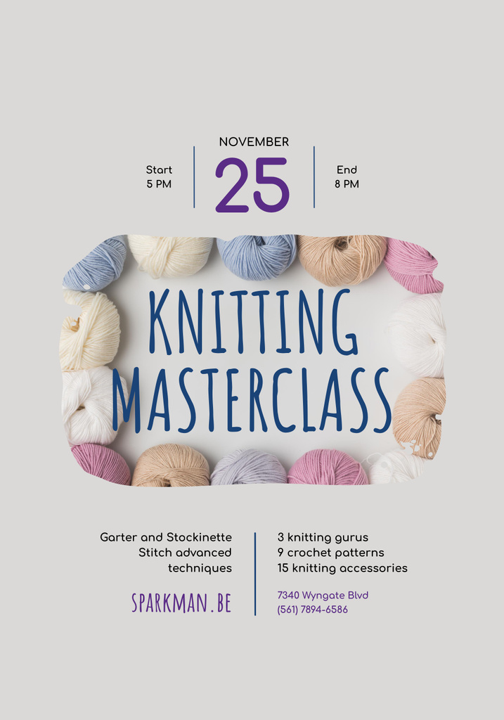 Designvorlage Cozy Knitting Masterclass Announcement with Wool Yarn Skeins für Poster 28x40in