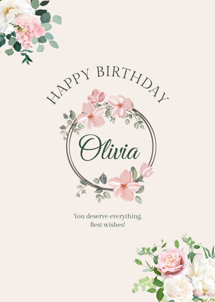Happy Birthday Greeting with Pink Roses Postcard A6 Vertical Design Template