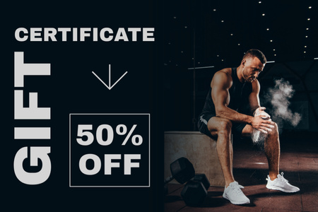 Designvorlage Fitnessstudio-Club-Werbung mit muskulösem Mann, der mit Talkum in die Hände klatscht für Gift Certificate
