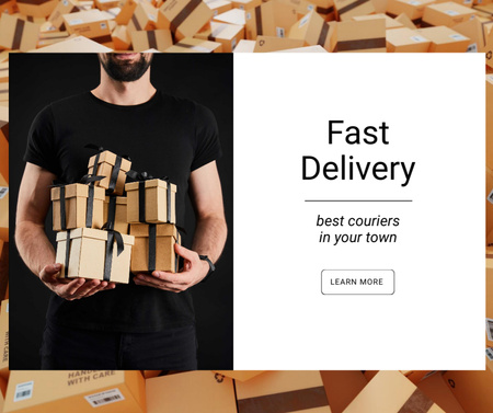 Delivery Service ad with Courier holding gifts Facebook Design Template