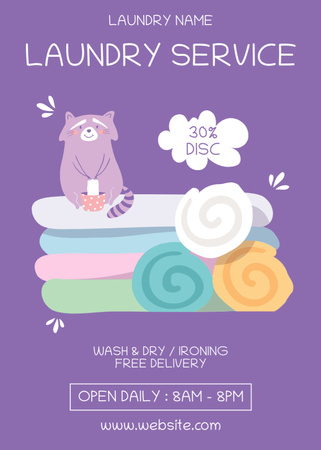 Plantilla de diseño de Oferta de servicio de lavandería con lindo mapache de dibujos animados Flayer 