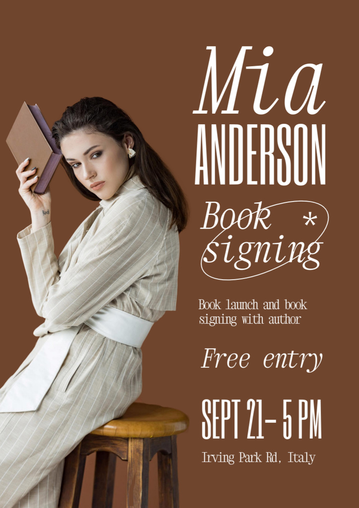 Book Signing Announcement with Woman on Chair Poster A3 Design Template