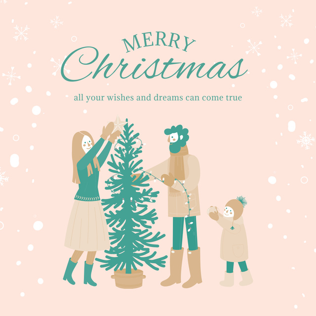 Merry Christmas Card with Family decorating Fir Tree with Garland Instagram Šablona návrhu