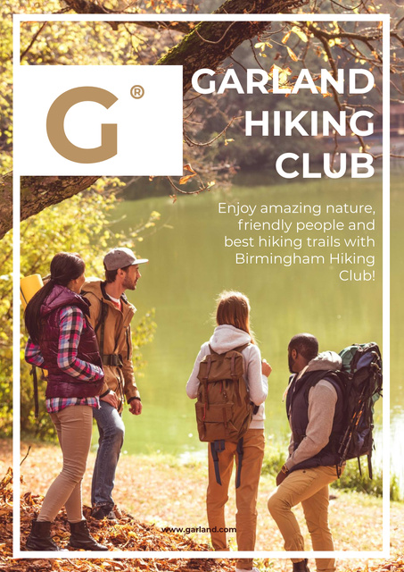 Hiking Club Gathering Backpackers by Scenic River Poster Šablona návrhu