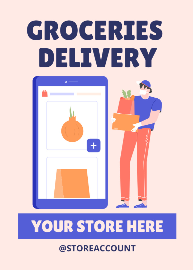 Illustrated Groceries Delivery With Courier Flayer Design Template