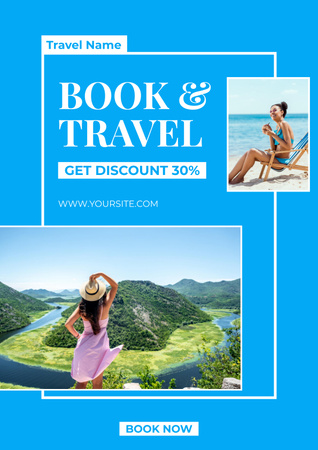 Tours Discount Offer with Travel Collage on Blue Poster Design Template