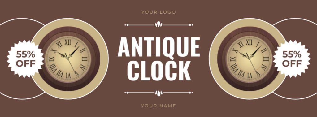 Antique Clock With Discount Offer In Brown Facebook coverデザインテンプレート
