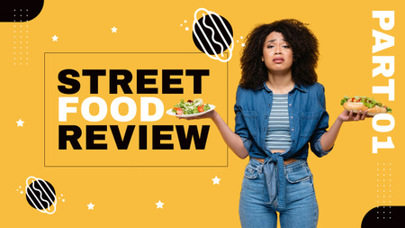 Designvorlage Street Food Review mit Frau, die Snacks hält für Youtube Thumbnail