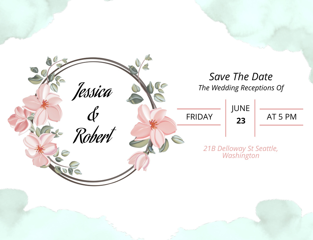 Elegant Wedding Celebration with Wreath of Pink Flowers Invitation 13.9x10.7cm Horizontal – шаблон для дизайну