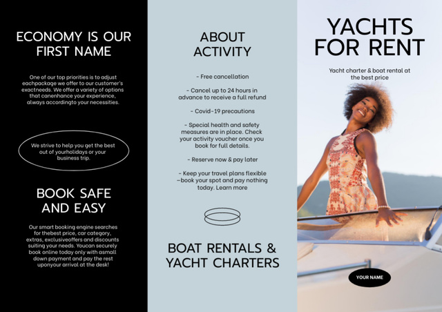Ontwerpsjabloon van Brochure Din Large Z-fold van Yacht Rent Offer with Happy Woman