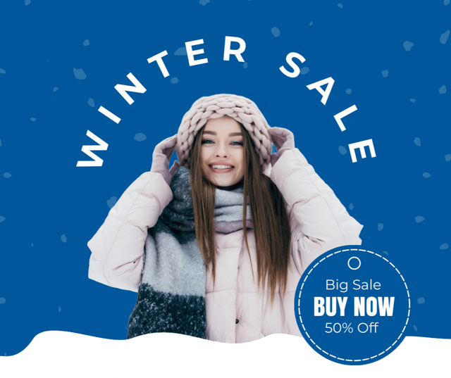Winter Sale Advertisement with Cute Young Woman Facebook Tasarım Şablonu