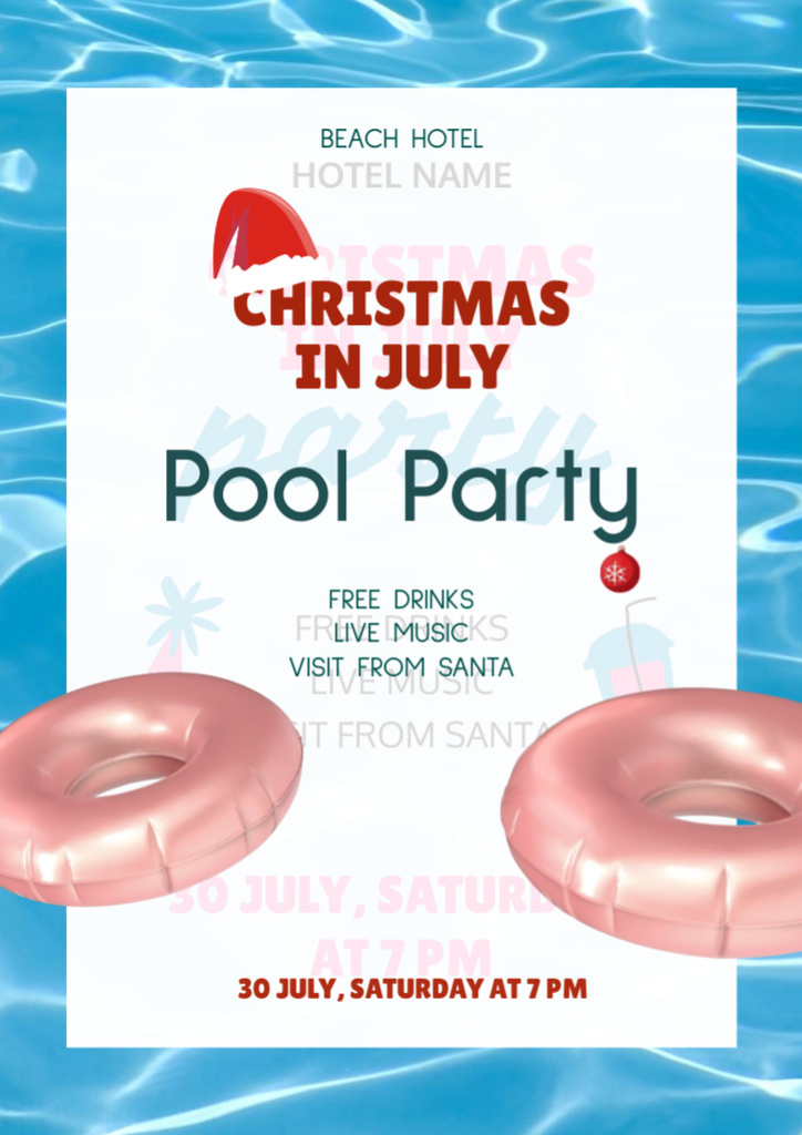 July Christmas Pool Party Announcement Flyer A4 Πρότυπο σχεδίασης