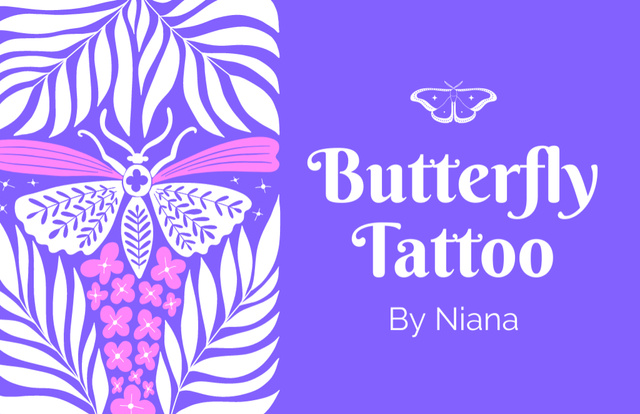 Designvorlage Butterfly Tattoo Artist Service Offer In Purple für Business Card 85x55mm