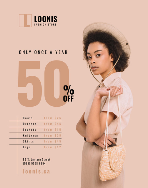 Fashion Store Sale with African American Woman in Stylish Hat Poster 22x28in – шаблон для дизайну