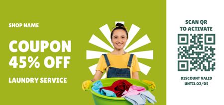 Happy Woman Using Laundry Services at Discount Coupon Din Large Modelo de Design