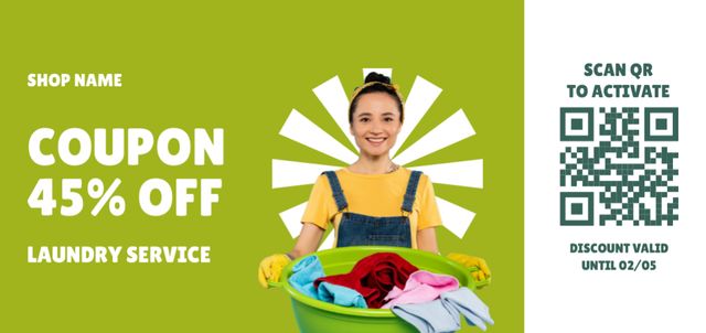 Happy Woman Using Laundry Services at Discount Coupon Din Large – шаблон для дизайна