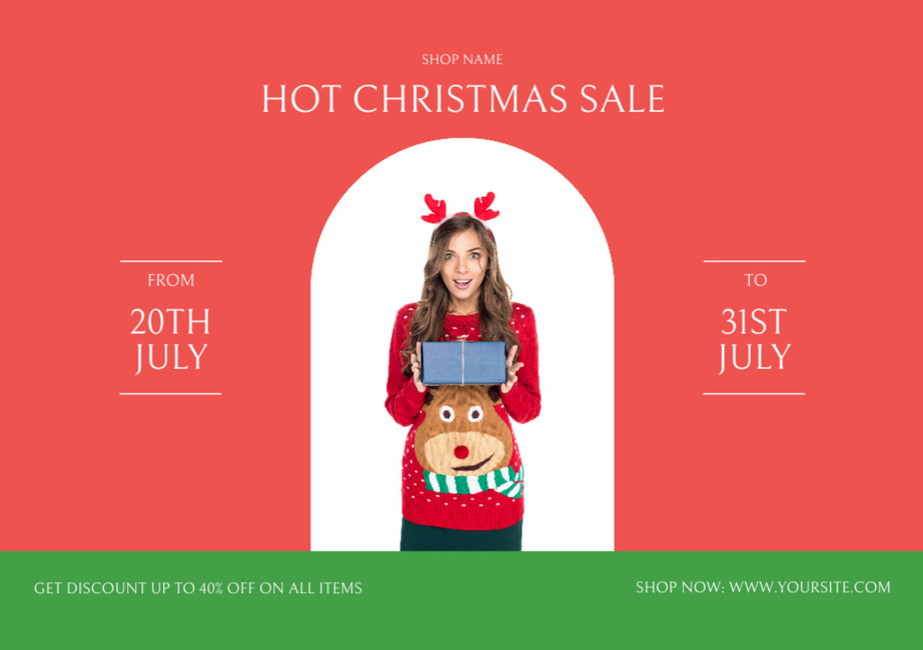 Modèle de visuel July Christmas Sale Announcement with Pretty Young Woman - Flyer A5 Horizontal