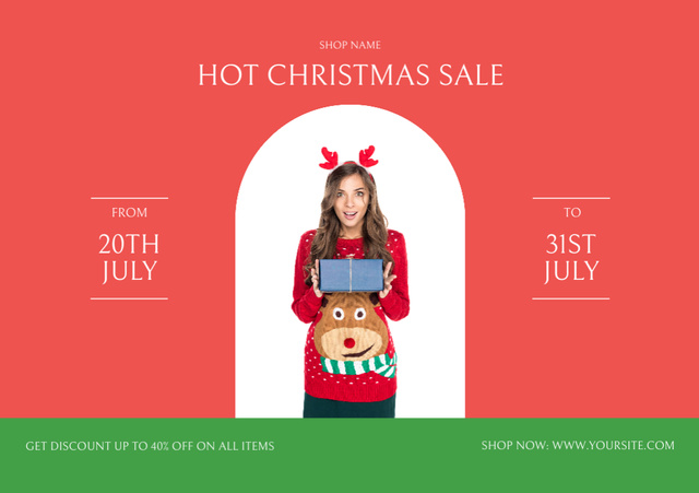 July Christmas Sale Announcement with Pretty Young Woman Flyer A5 Horizontal Design Template