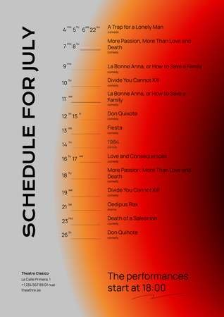 Theatrical Show Announcement with Schedule on Orange Gradient Poster tervezősablon