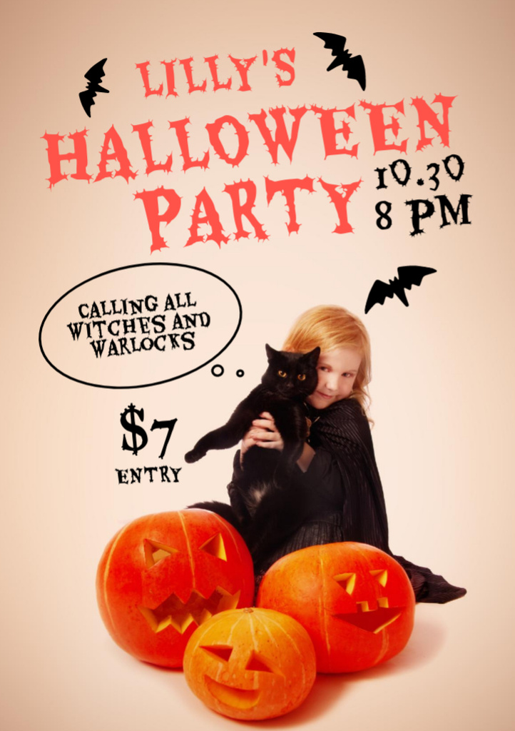 Halloween Party with Child and Cute Cat Flyer A7 Tasarım Şablonu