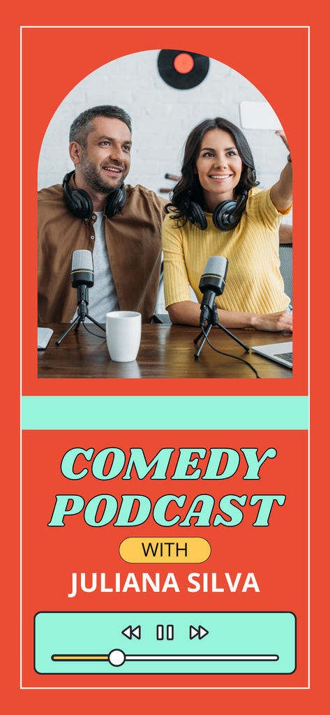 Promo of Comedy Podcast with Man and Woman in Studio Snapchat Moment Filter Šablona návrhu