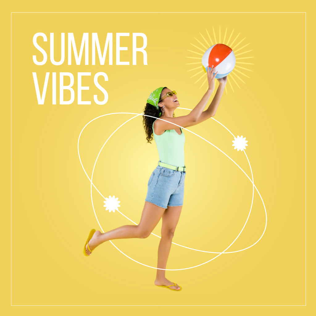Summer Vibes whit Girl Playing Ball Instagram Design Template