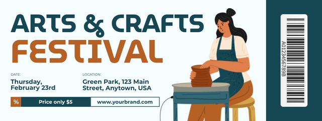 Ontwerpsjabloon van Ticket van Art and Craft Festival Announcement with Woman Potter