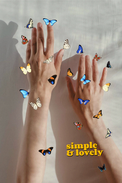 Skincare Ad with Tender Female Hands in Butterflies Pinterest Tasarım Şablonu