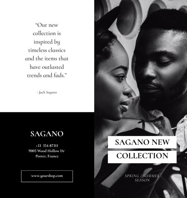 Fashion Brand Collection Announcement with Black and White Couple Brochure Din Large Bi-fold Modelo de Design