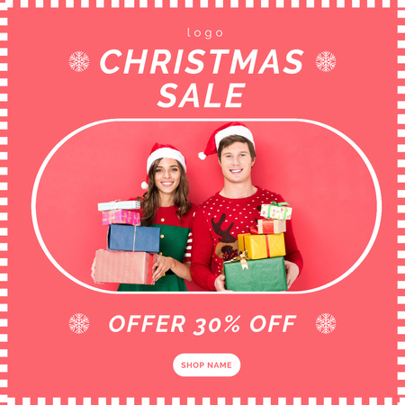 Cheerful Couple with Gift Boxes on Christmas Sale Instagram AD Design Template