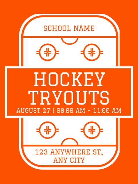 Hockey Tryouts Announcement on Orange Poster US Design Template