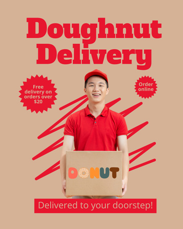 Designvorlage Donut-Lieferangebot mit Friendly Courier für Instagram Post Vertical