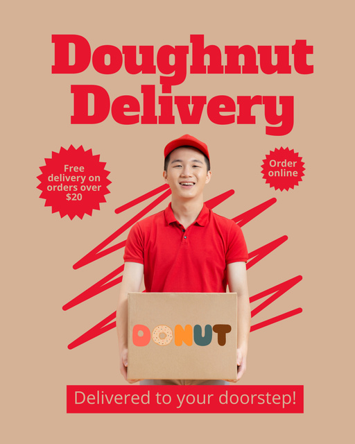 Ontwerpsjabloon van Instagram Post Vertical van Doughnut Delivery Offer with Friendly Courier