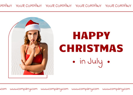 Young Woman in Red Swimsuit and Santa Claus Hat on Beach Postcard 5x7in Design Template
