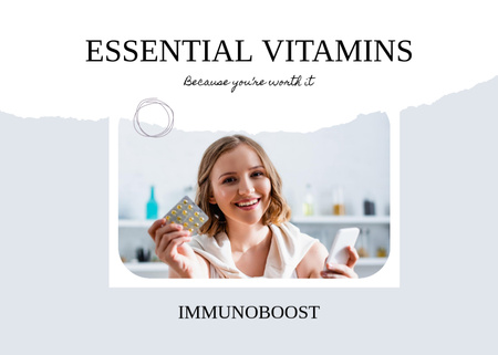 Platilla de diseño Essential Vitamins Offer with Woman Holding Pack of Pills Flyer 5x7in Horizontal