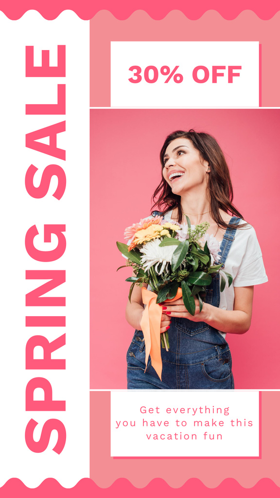 Spring Sale with Young Woman with Bouquet of Flowers Instagram Story tervezősablon