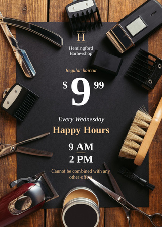 Fodrászat Happy Hours bejelentés professzionális eszközökkel Flyer A6 tervezősablon