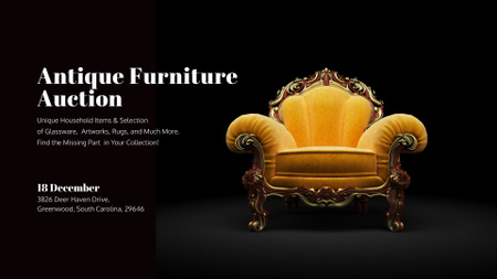 Освячений часом аукціон меблів і розкішне жовте крісло FB event cover – шаблон для дизайну