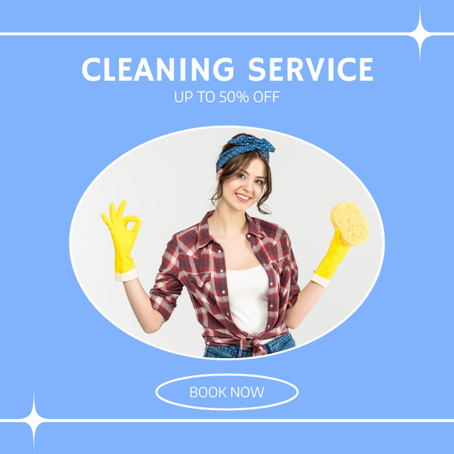 Cleaning Services Ad with Woman in Yellow Gloves Instagram Modelo de Design