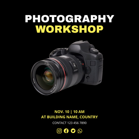 Photography Workshop Ad with Digital Camera on Black Instagram Design Template