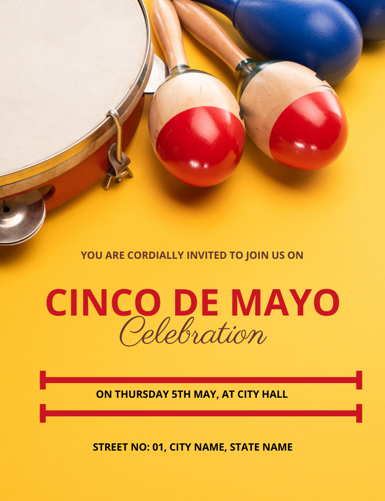 Template di design Cinco de Mayo Celebration with Maracas on Yellow Invitation 13.9x10.7cm