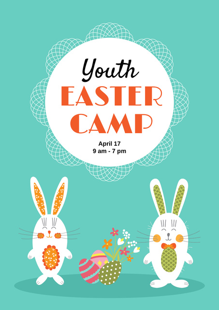 Cute Rabbits And Youth Easter Camp Announcement Poster Design Template