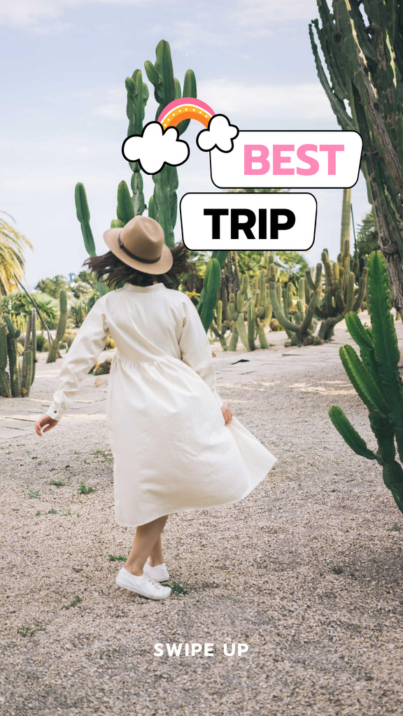 Trips Promotion with Woman in Straw Hat Instagram Story Πρότυπο σχεδίασης