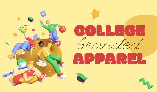 College Merch Offer with Cartoon Students Business cardデザインテンプレート