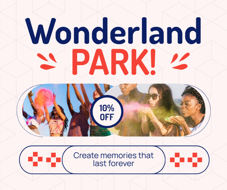 Ontwerpsjabloon van Facebook van Kleurrijke activiteiten in Wonderland Park met korting op de pas